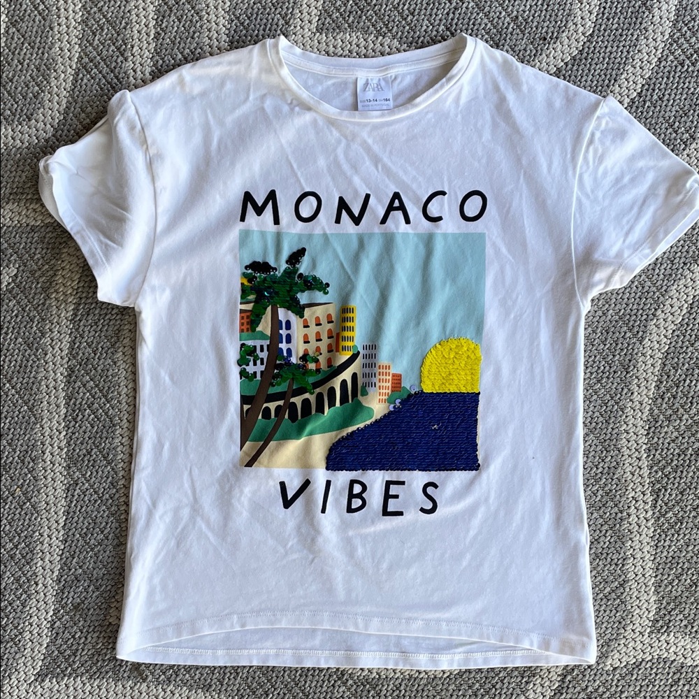 ZARA Top tshirt Monaco Vibes sequins L 10 11 sparkly vacation summer travel